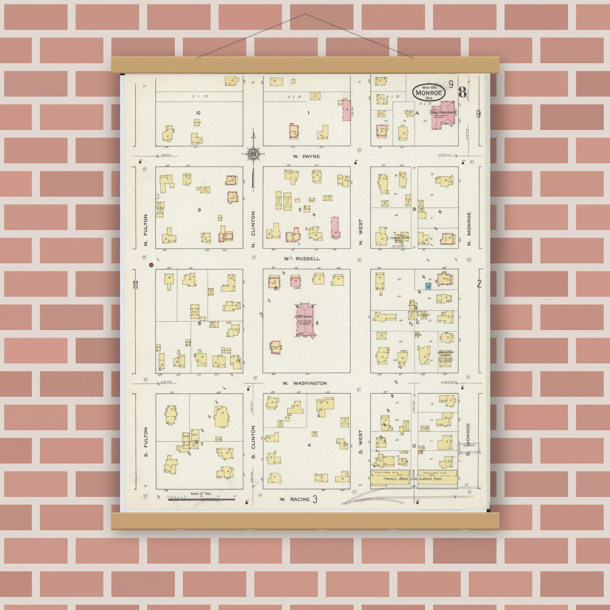 Old map wall art mockup — magnetic wood frame on brick wall — Sanborn Fire Insurance Map from Monroe, Green County, Wisconsin (1915), Sheet #0008
