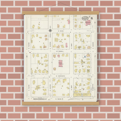 Old map wall art mockup — magnetic wood frame on brick wall — Sanborn Fire Insurance Map from Monroe, Green County, Wisconsin (1915), Sheet #0008