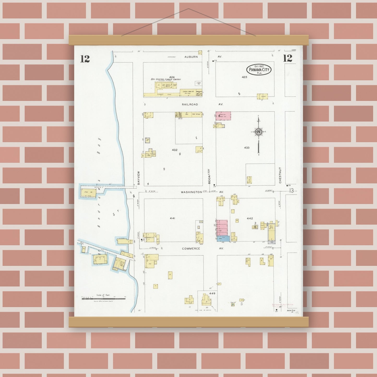 Old map wall art mockup — magnetic wood frame on brick wall — Sanborn Fire Insurance Map from Panama City, Bay County, Florida (1927), Sheet #0012