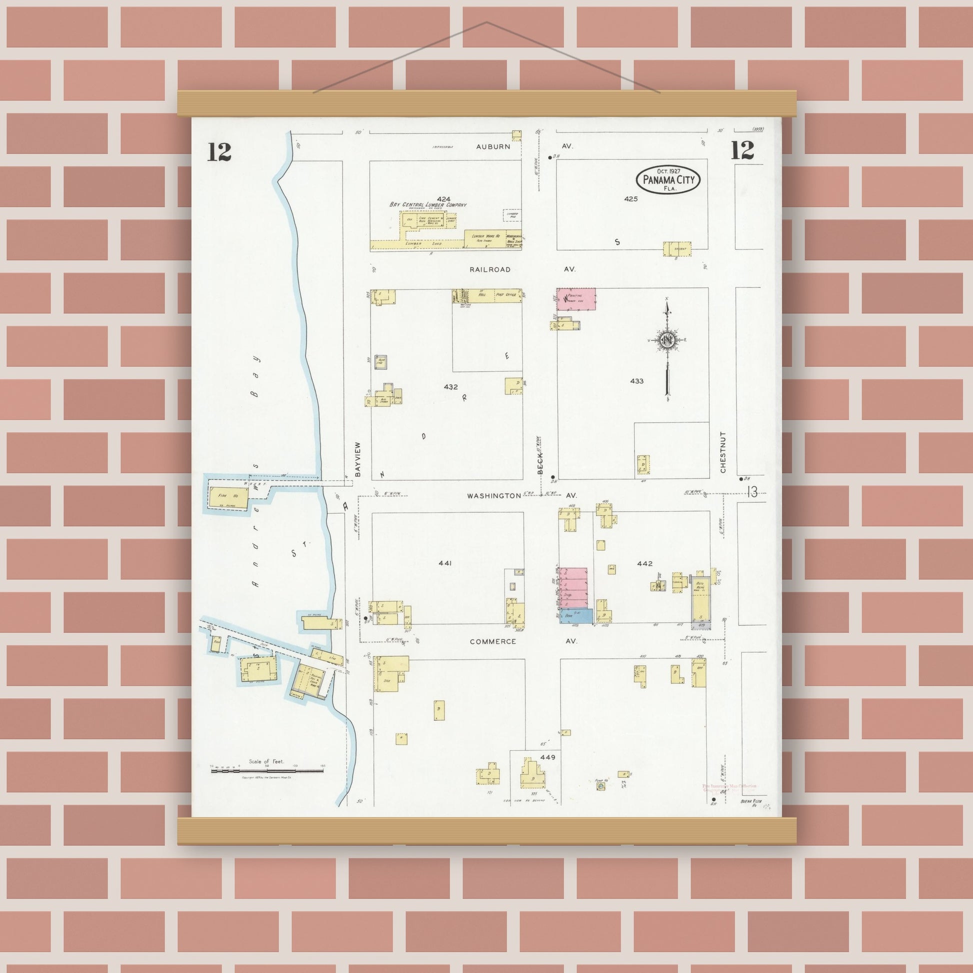 Old map wall art mockup — magnetic wood frame on brick wall — Sanborn Fire Insurance Map from Panama City, Bay County, Florida (1927), Sheet #0012