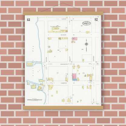 Old map wall art mockup — magnetic wood frame on brick wall — Sanborn Fire Insurance Map from Panama City, Bay County, Florida (1927), Sheet #0012