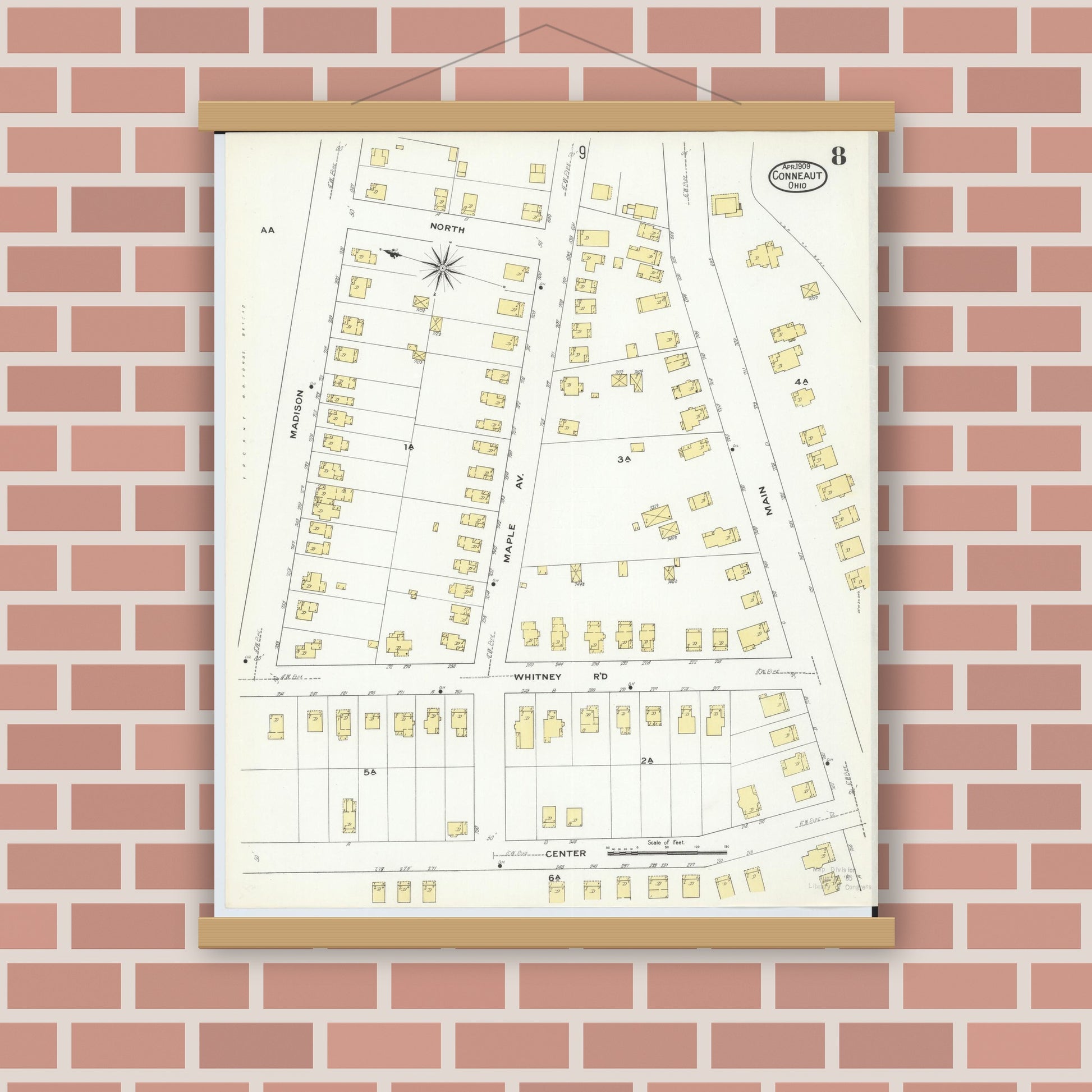 Old map wall art mockup — magnetic wood frame on brick wall — Sanborn Fire Insurance Map from Conneaut, Ashtabula County, Ohio (1909), Sheet #0008