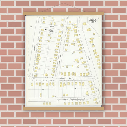 Old map wall art mockup — magnetic wood frame on brick wall — Sanborn Fire Insurance Map from Conneaut, Ashtabula County, Ohio (1909), Sheet #0008