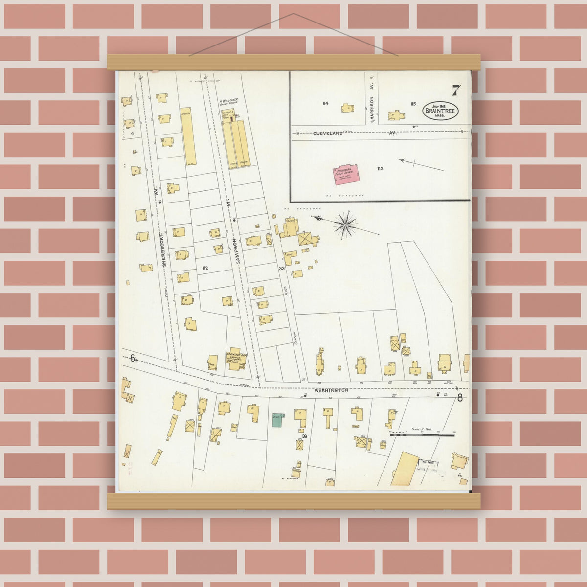 Old map wall art mockup — magnetic wood frame on brick wall — Sanborn Fire Insurance Map from Braintree, Norfolk County, Massachusetts (1906), Sheet #0007
