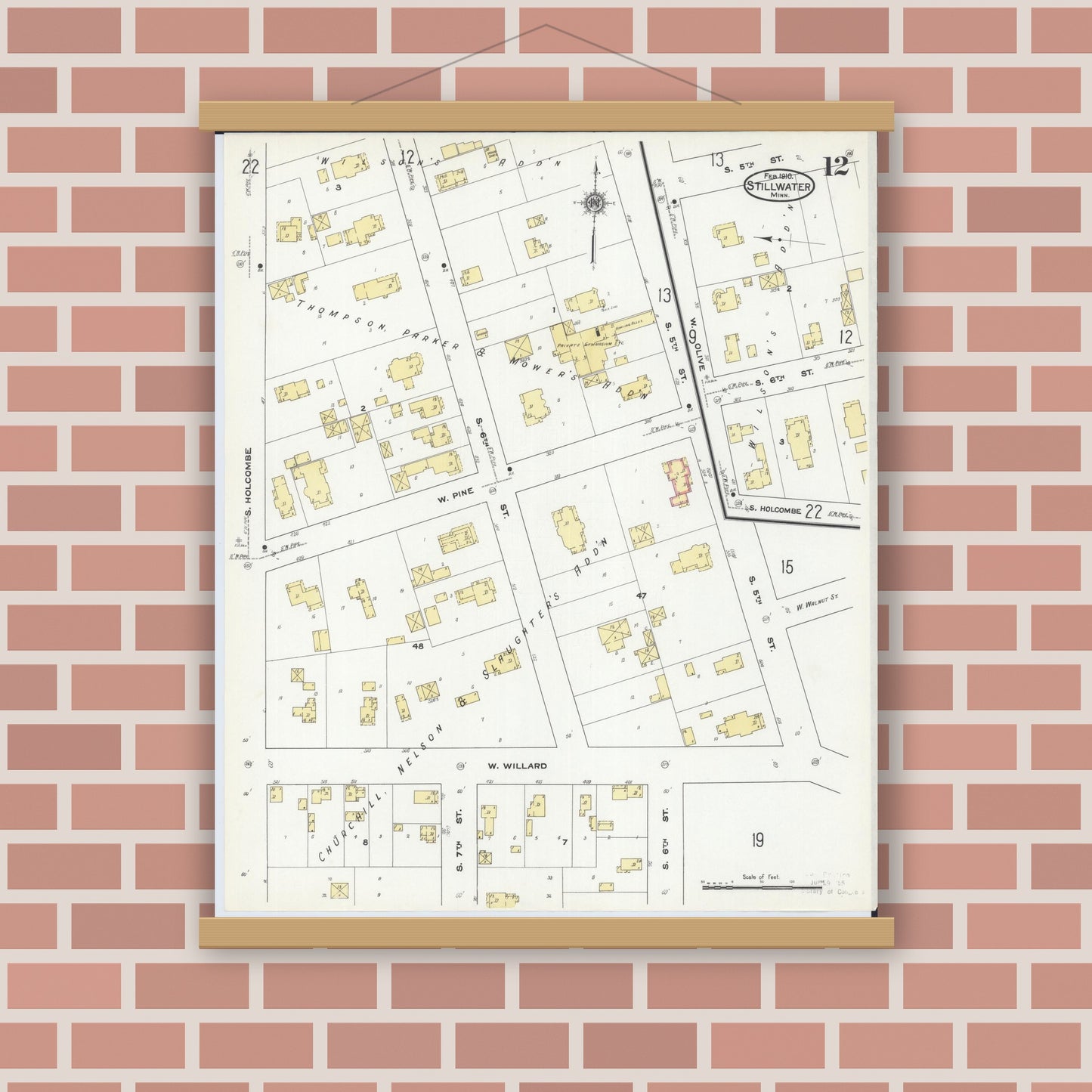 Old map wall art mockup — magnetic wood frame on brick wall — Sanborn Fire Insurance Map from Stillwater, Washington County, Minnesota (1910), Sheet #0012