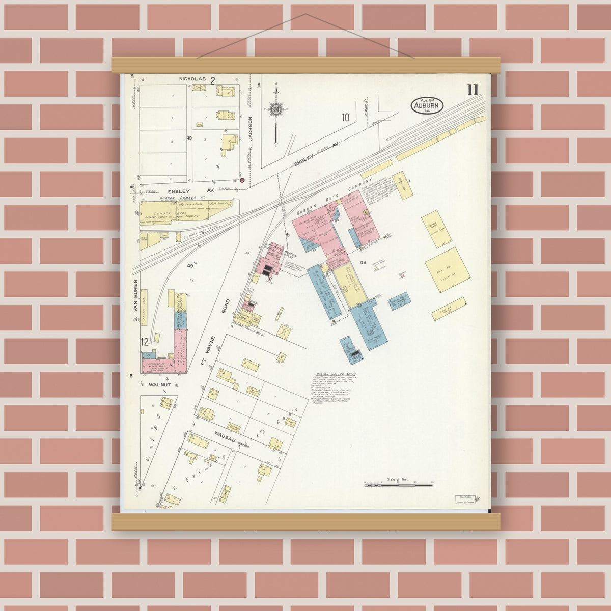 Old map wall art mockup — magnetic wood frame on brick wall — Sanborn Fire Insurance Map from Auburn, De Kalb County, Indiana (1914), Sheet #0011