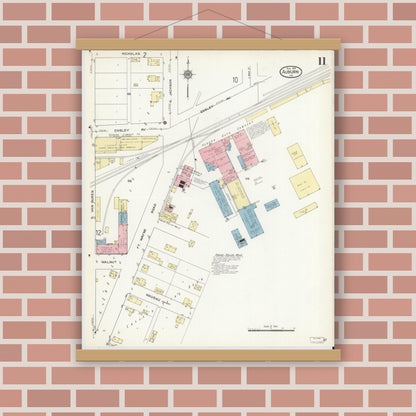 Old map wall art mockup — magnetic wood frame on brick wall — Sanborn Fire Insurance Map from Auburn, De Kalb County, Indiana (1914), Sheet #0011