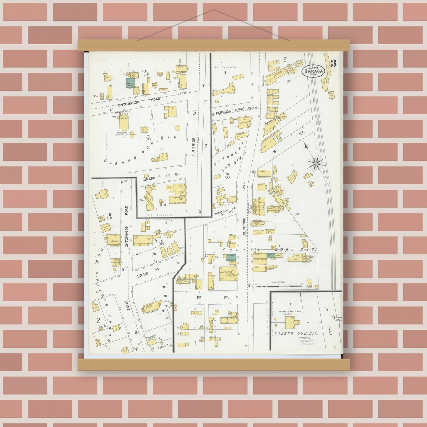 Old map wall art mockup — magnetic wood frame on brick wall — Sanborn Fire Insurance Map from Baraga, Baraga County, Michigan (1902), Sheet #0003