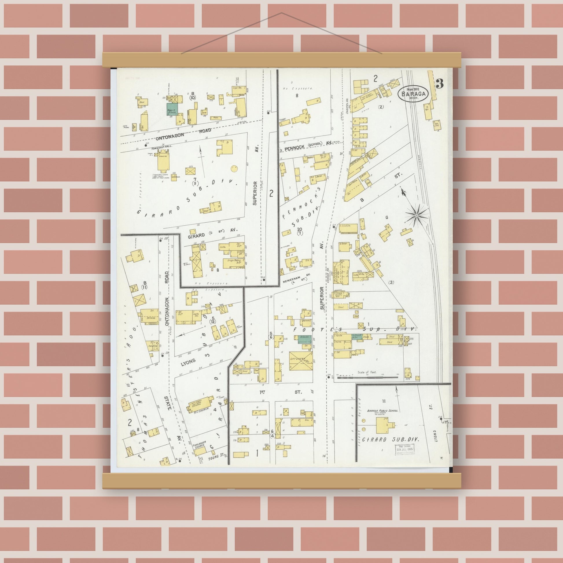 Old map wall art mockup — magnetic wood frame on brick wall — Sanborn Fire Insurance Map from Baraga, Baraga County, Michigan (1902), Sheet #0003