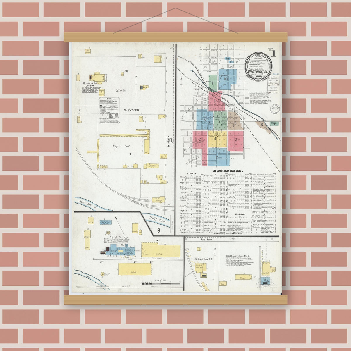 Old map wall art mockup — magnetic wood frame on brick wall — Sanborn Fire Insurance Map from Weatherford, Parker County, Texas (1900) - Complete Map Set
