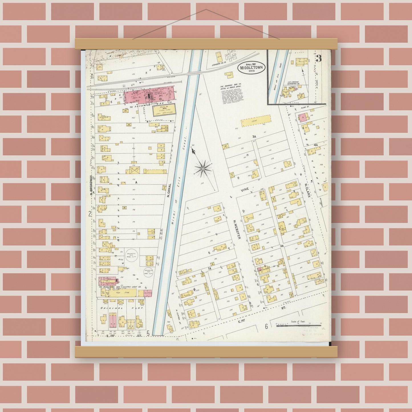 Old map wall art mockup — magnetic wood frame on brick wall — Sanborn Fire Insurance Map from Middletown, Butler County, Ohio (1907), Sheet #0003