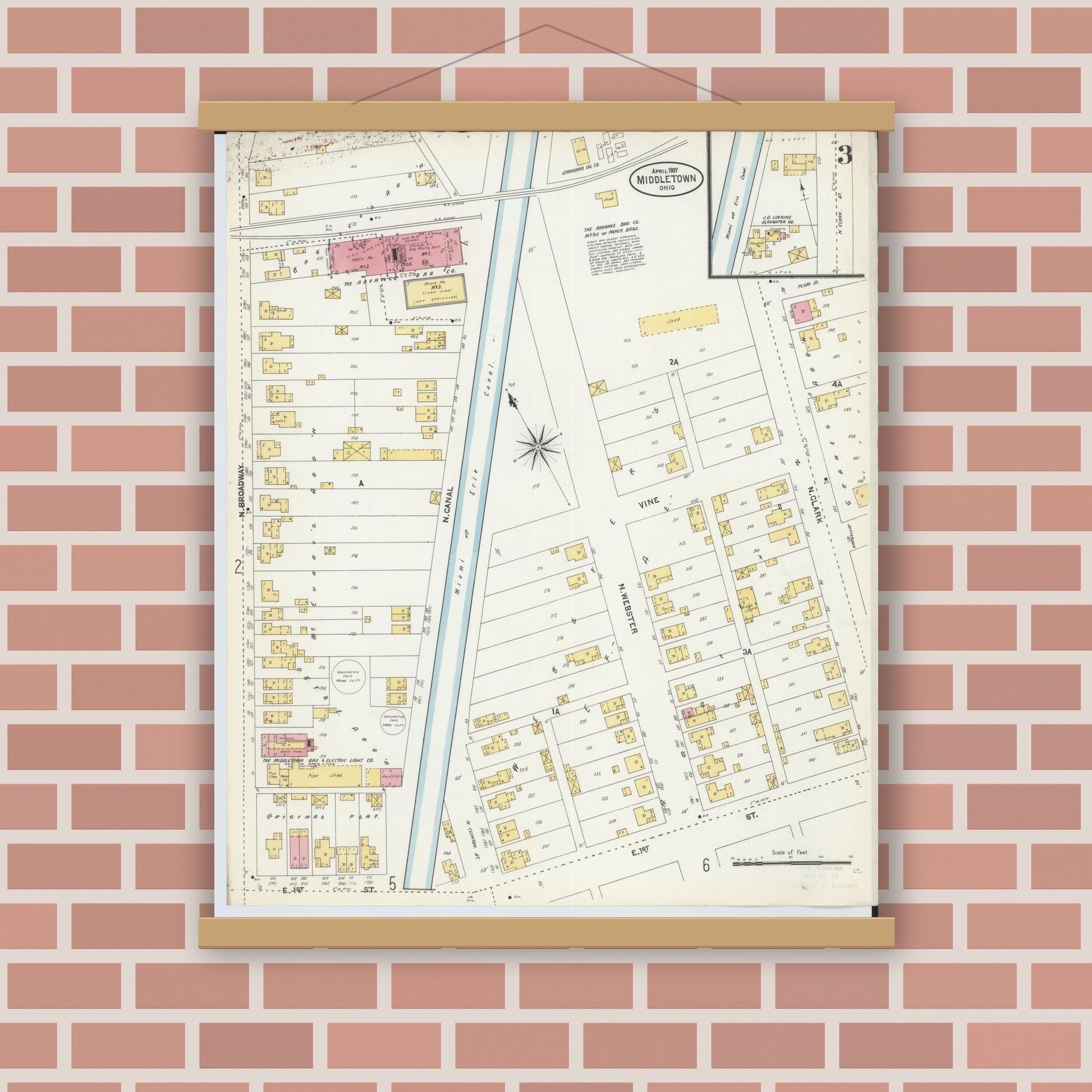 Old map wall art mockup — magnetic wood frame on brick wall — Sanborn Fire Insurance Map from Middletown, Butler County, Ohio (1907), Sheet #0003