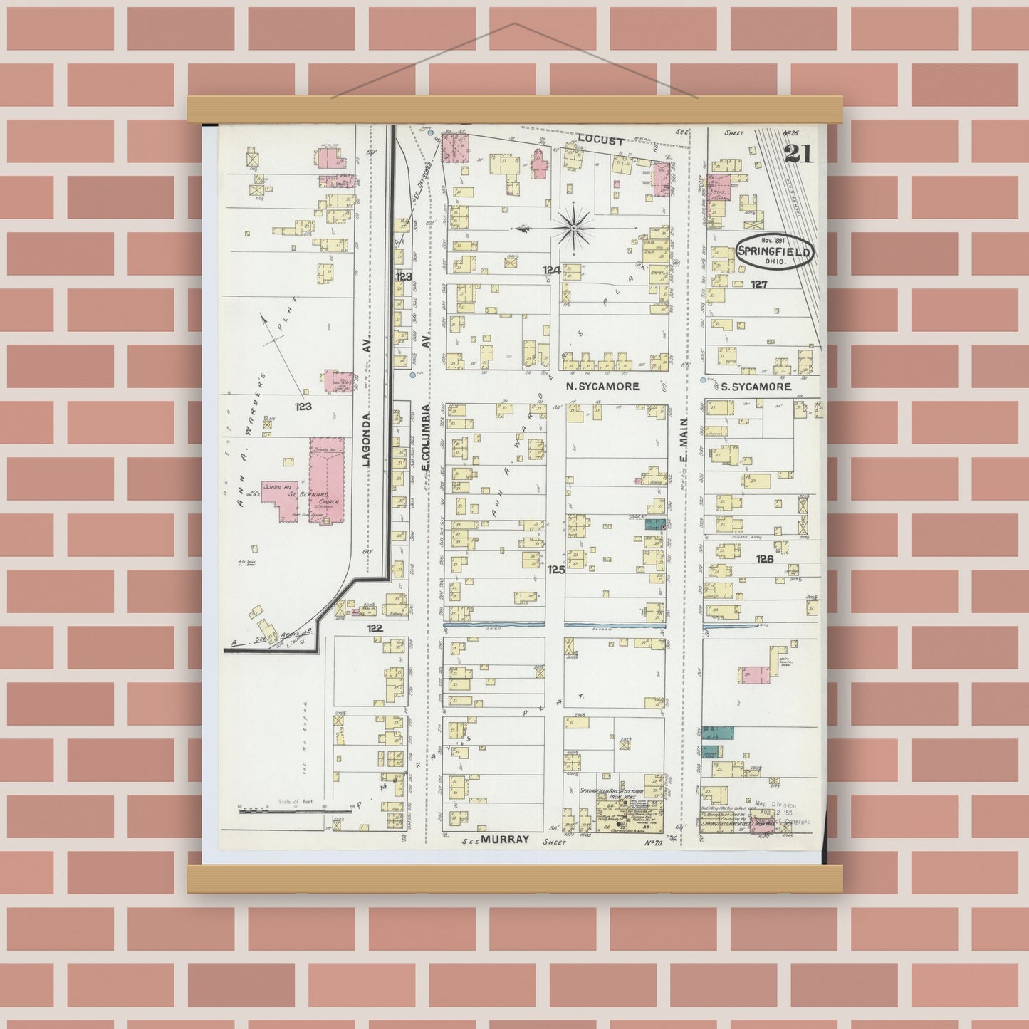 Old map wall art mockup — magnetic wood frame on brick wall — Sanborn Fire Insurance Map from Springfield, Clark County, Ohio (1891), Sheet #0021