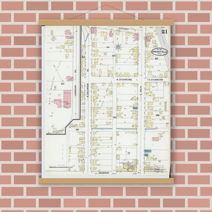 Old map wall art mockup — magnetic wood frame on brick wall — Sanborn Fire Insurance Map from Springfield, Clark County, Ohio (1891), Sheet #0021