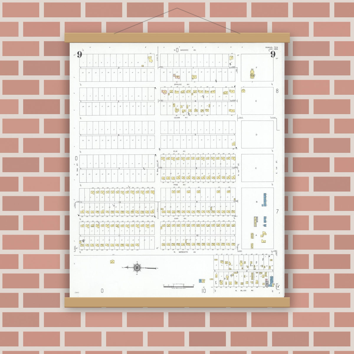 Old map wall art mockup — magnetic wood frame on brick wall — Sanborn Fire Insurance Map from Dumas, Moore County, Texas (1950), Sheet #0009