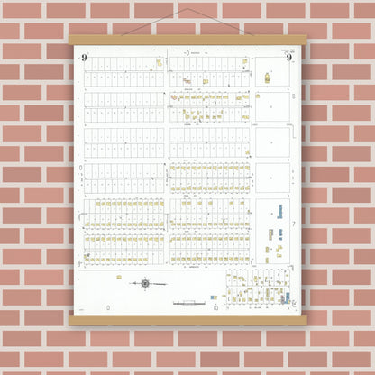 Old map wall art mockup — magnetic wood frame on brick wall — Sanborn Fire Insurance Map from Dumas, Moore County, Texas (1950), Sheet #0009