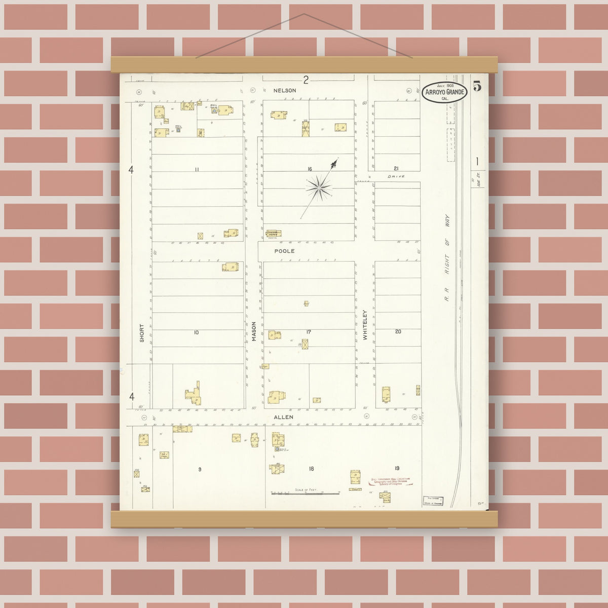 Old map wall art mockup — magnetic wood frame on brick wall — Sanborn Fire Insurance Map from Arroyo Grande, San Luis Obispo County, California (1903), Sheet #0005
