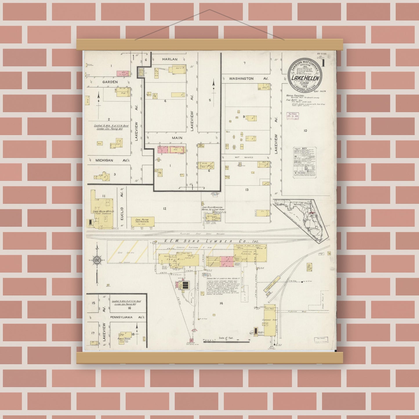 Old map wall art mockup — magnetic wood frame on brick wall — Sanborn Fire Insurance Map from Lake Helen, Volusia County, Florida (1915) - Complete Map Set