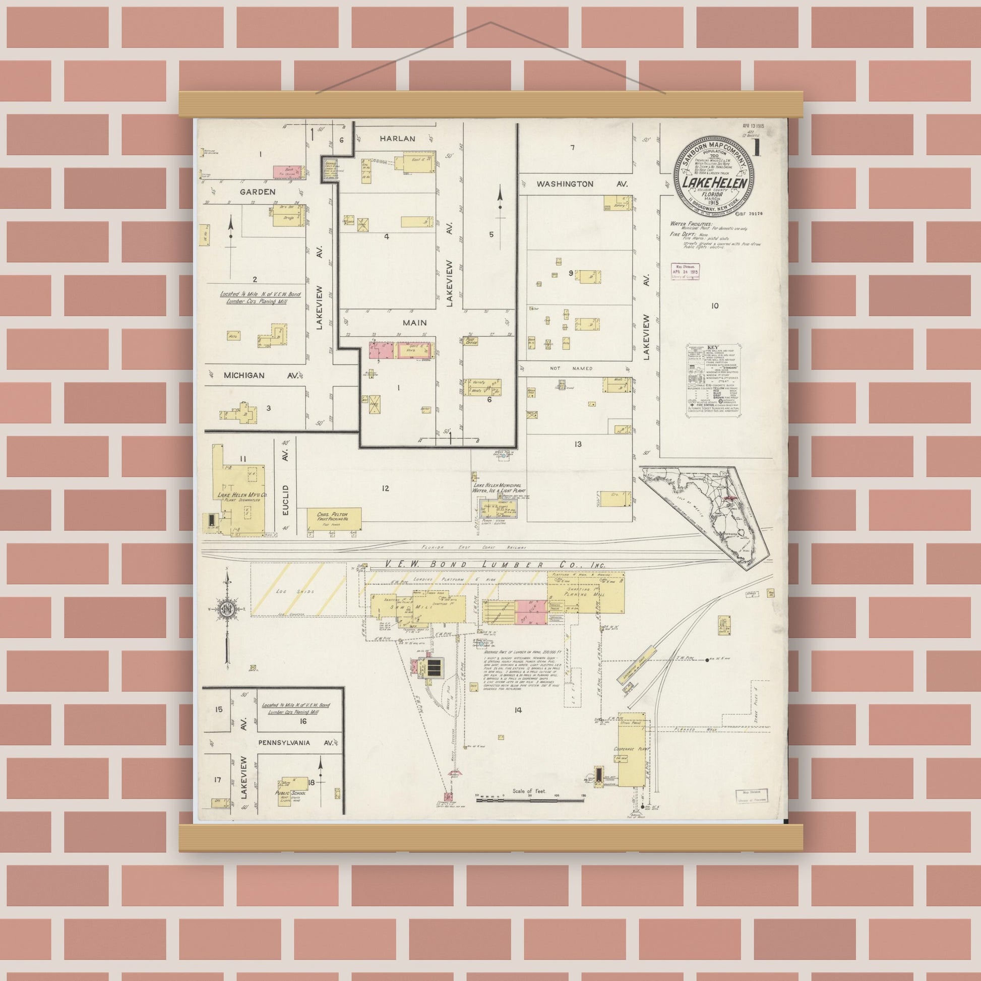 Old map wall art mockup — magnetic wood frame on brick wall — Sanborn Fire Insurance Map from Lake Helen, Volusia County, Florida (1915) - Complete Map Set