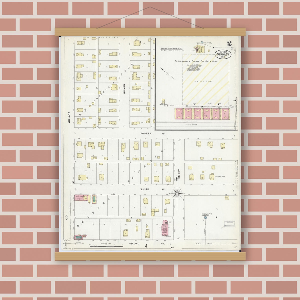 Old map wall art mockup — magnetic wood frame on brick wall — Sanborn Fire Insurance Map from Stanley, Chippewa County, Wisconsin (1907), Sheet #0002