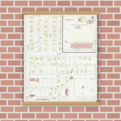 Old map wall art mockup — magnetic wood frame on brick wall — Sanborn Fire Insurance Map from Stanley, Chippewa County, Wisconsin (1907), Sheet #0002