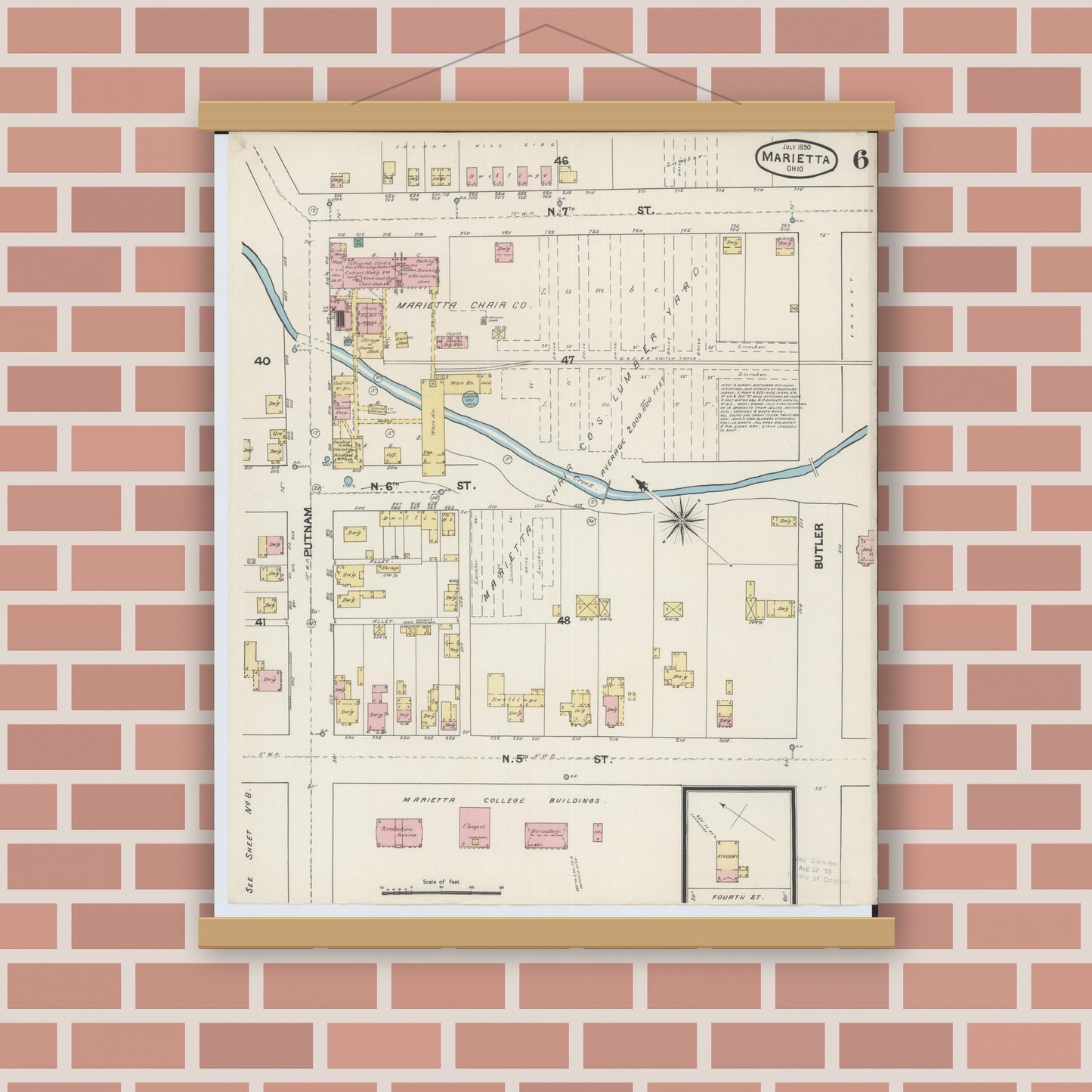 Old map wall art mockup — magnetic wood frame on brick wall — Sanborn Fire Insurance Map from Marietta, Washington County, Ohio (1890), Sheet #0006