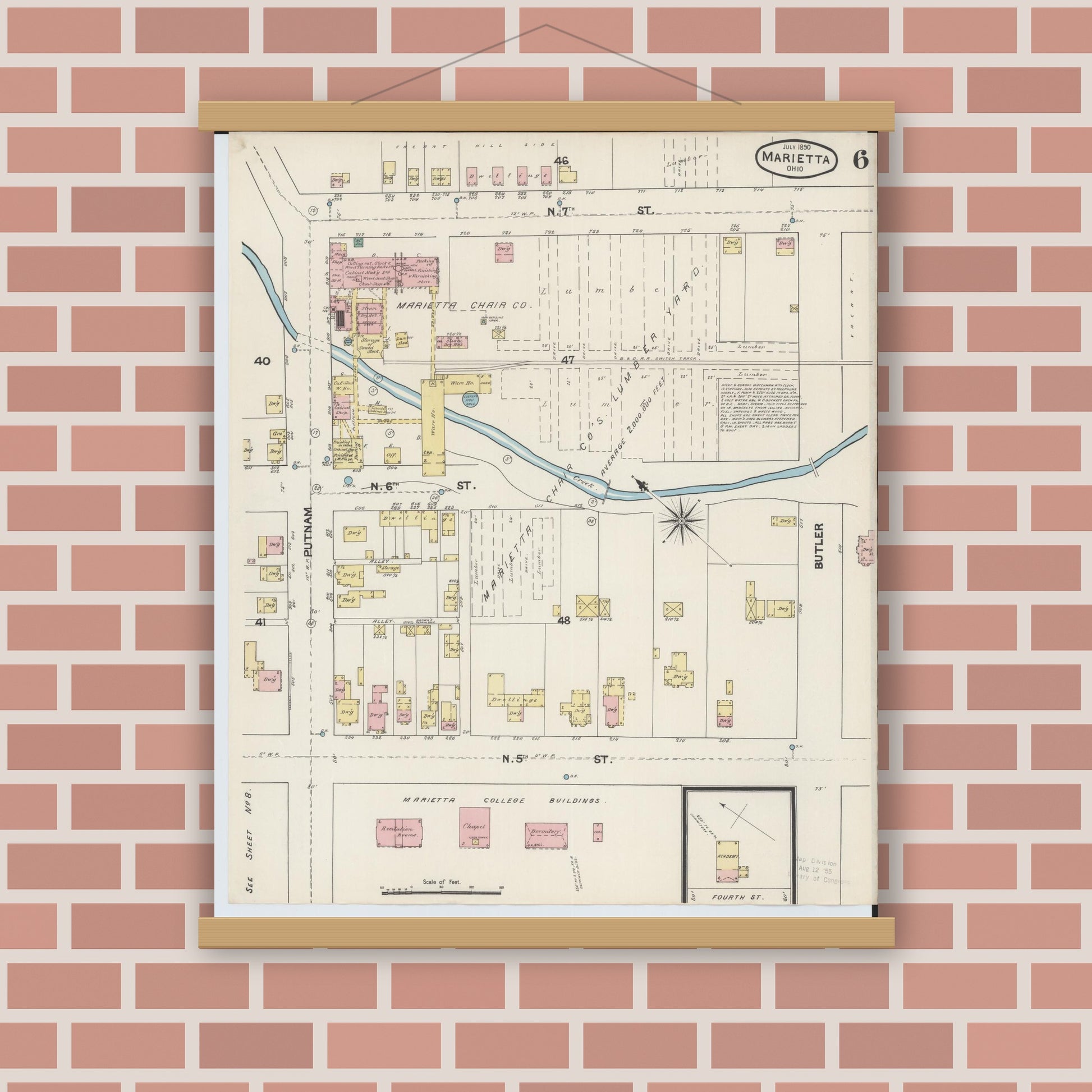 Old map wall art mockup — magnetic wood frame on brick wall — Sanborn Fire Insurance Map from Marietta, Washington County, Ohio (1890), Sheet #0006