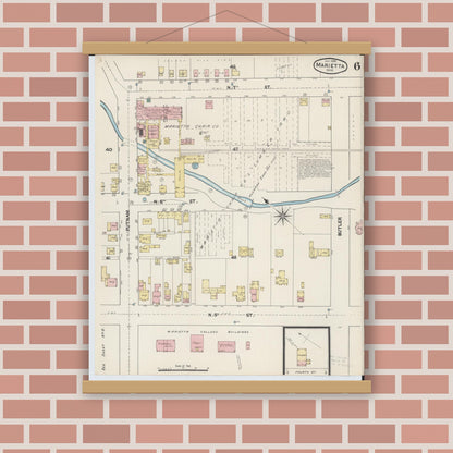Old map wall art mockup — magnetic wood frame on brick wall — Sanborn Fire Insurance Map from Marietta, Washington County, Ohio (1890), Sheet #0006