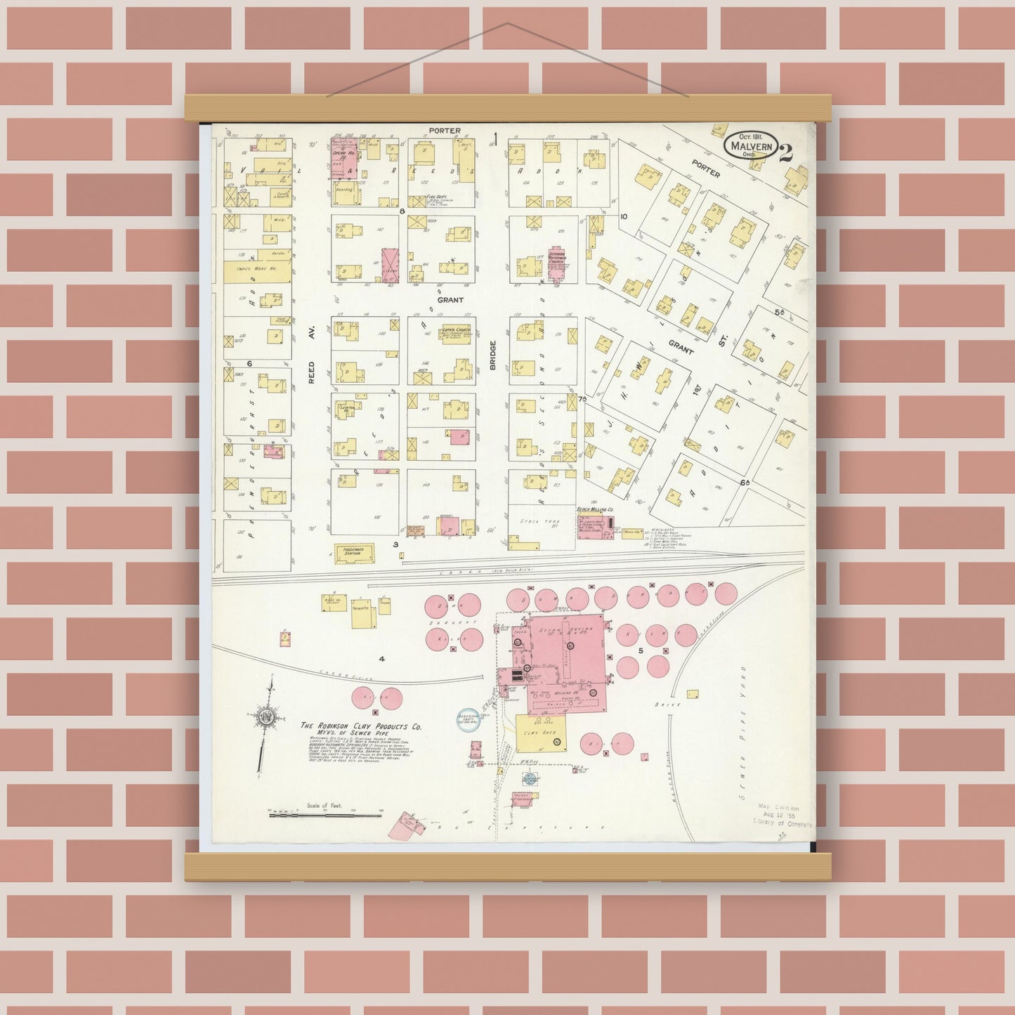 Old map wall art mockup — magnetic wood frame on brick wall — Sanborn Fire Insurance Map from Malvern, Carroll County, Ohio (1911), Sheet #0002