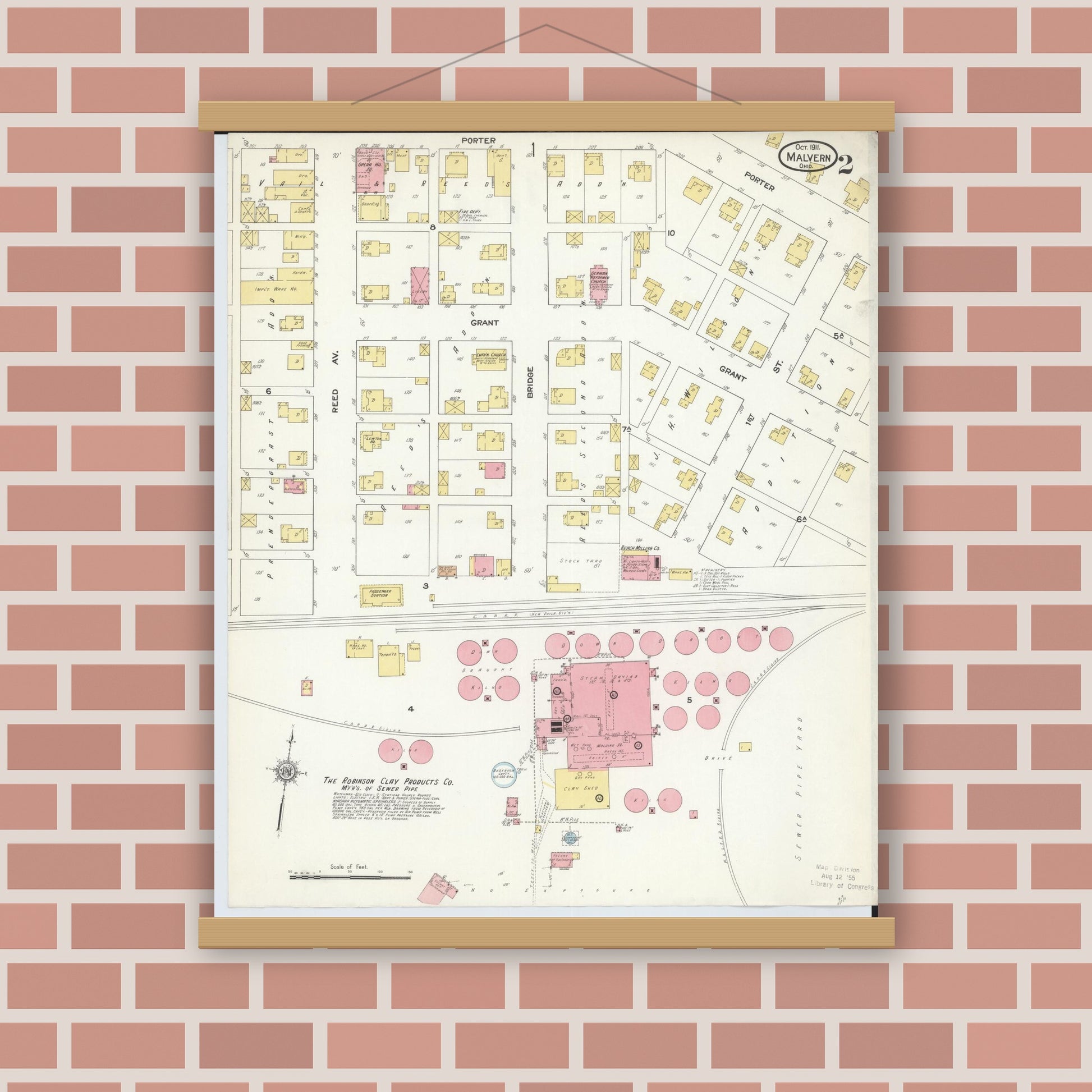Old map wall art mockup — magnetic wood frame on brick wall — Sanborn Fire Insurance Map from Malvern, Carroll County, Ohio (1911), Sheet #0002
