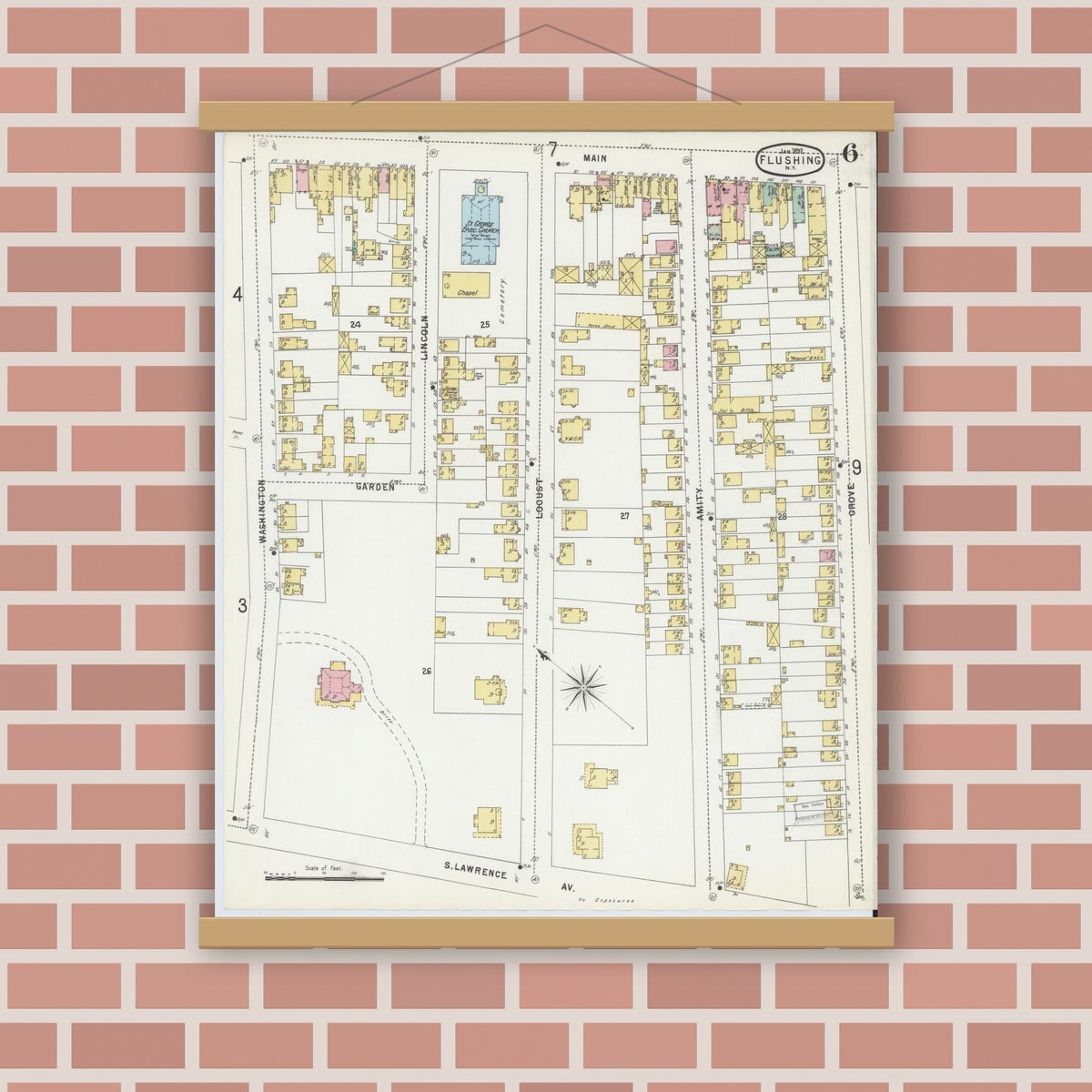 Old map wall art mockup — magnetic wood frame on brick wall — Sanborn Fire Insurance Map from Flushing, Queens County, New York (1897), Sheet #0006