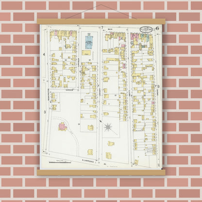 Old map wall art mockup — magnetic wood frame on brick wall — Sanborn Fire Insurance Map from Flushing, Queens County, New York (1897), Sheet #0006