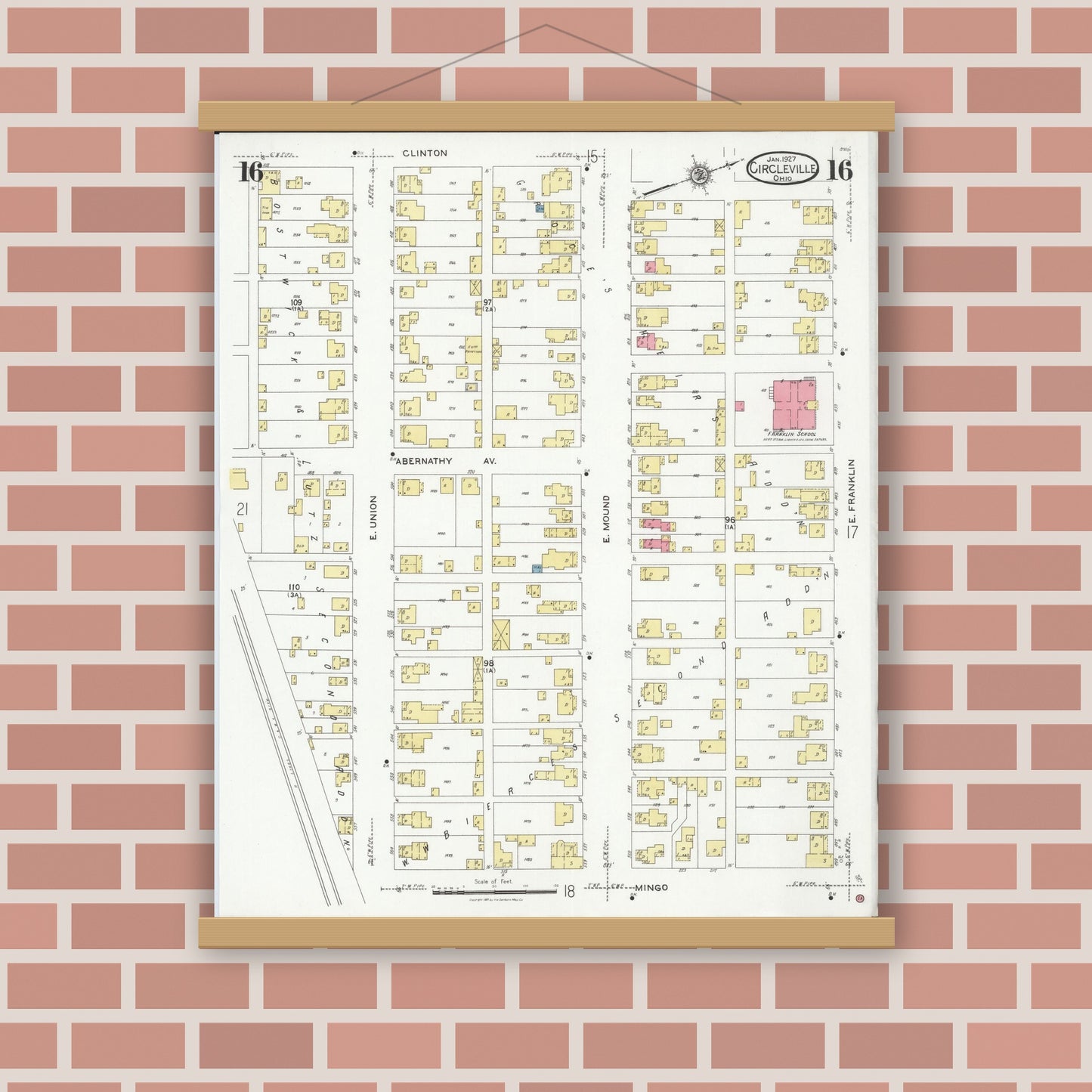 Old map wall art mockup — magnetic wood frame on brick wall — Sanborn Fire Insurance Map from Circleville, Pickaway County, Ohio (1927), Sheet #0016