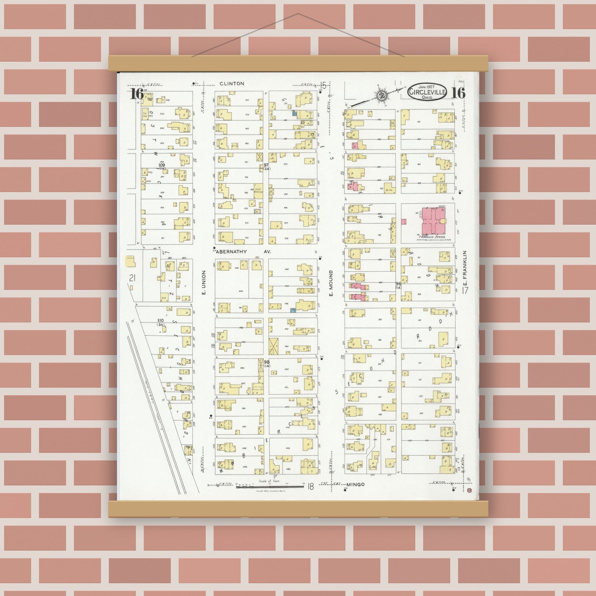 Old map wall art mockup — magnetic wood frame on brick wall — Sanborn Fire Insurance Map from Circleville, Pickaway County, Ohio (1927), Sheet #0016