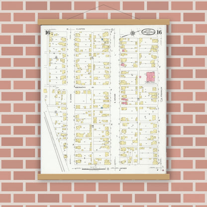 Old map wall art mockup — magnetic wood frame on brick wall — Sanborn Fire Insurance Map from Circleville, Pickaway County, Ohio (1927), Sheet #0016
