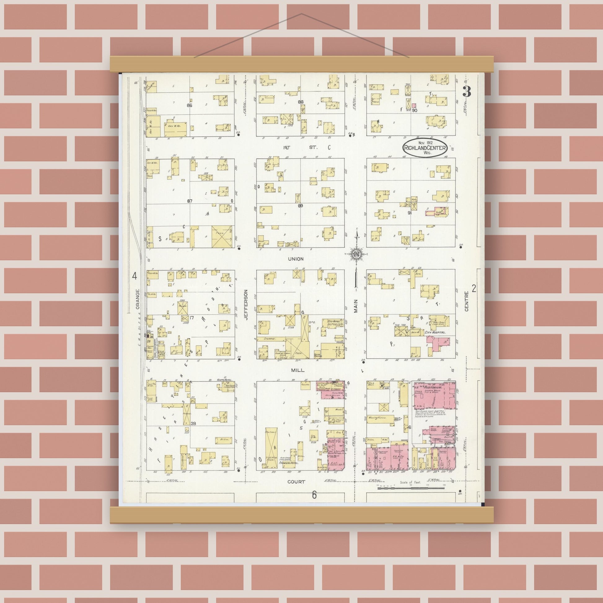 Old map wall art mockup — magnetic wood frame on brick wall — Sanborn Fire Insurance Map from Richland Center, Richland County, Wisconsin (1912), Sheet #0003