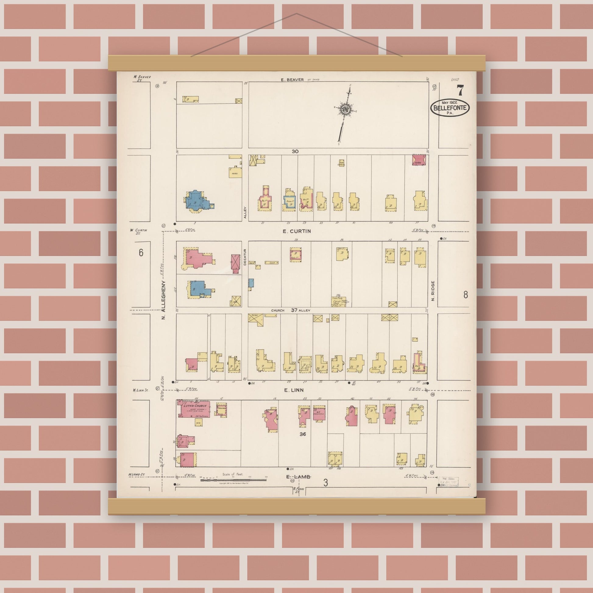 Old map wall art mockup — magnetic wood frame on brick wall — Sanborn Fire Insurance Map from Bellefonte, Centre County, Pennsylvania (1922), Sheet #0007