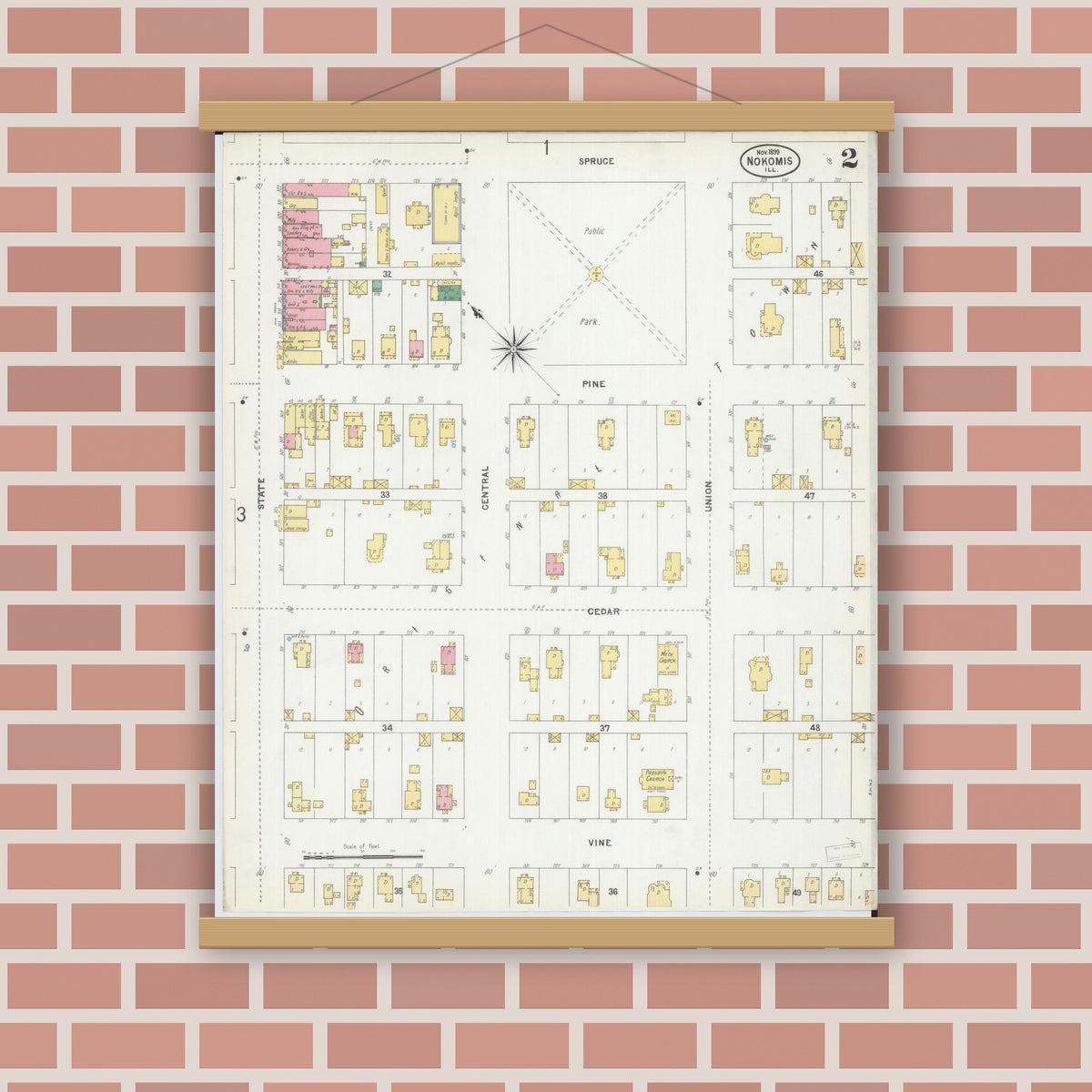 Old map wall art mockup — magnetic wood frame on brick wall — Sanborn Fire Insurance Map from Nokomis, Montgomery County, Illinois (1899), Sheet #0002