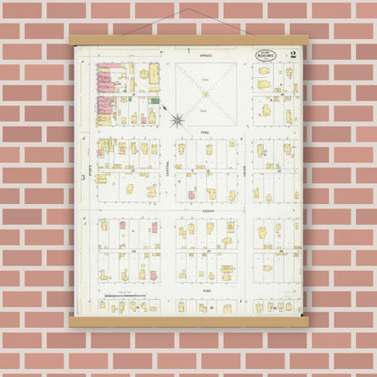 Old map wall art mockup — magnetic wood frame on brick wall — Sanborn Fire Insurance Map from Nokomis, Montgomery County, Illinois (1899), Sheet #0002