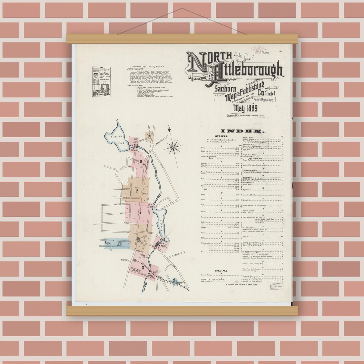 Old map wall art mockup — magnetic wood frame on brick wall — Sanborn Fire Insurance Map from North Attleborough, Bristol County, Massachusetts (1889) - Complete Map Set