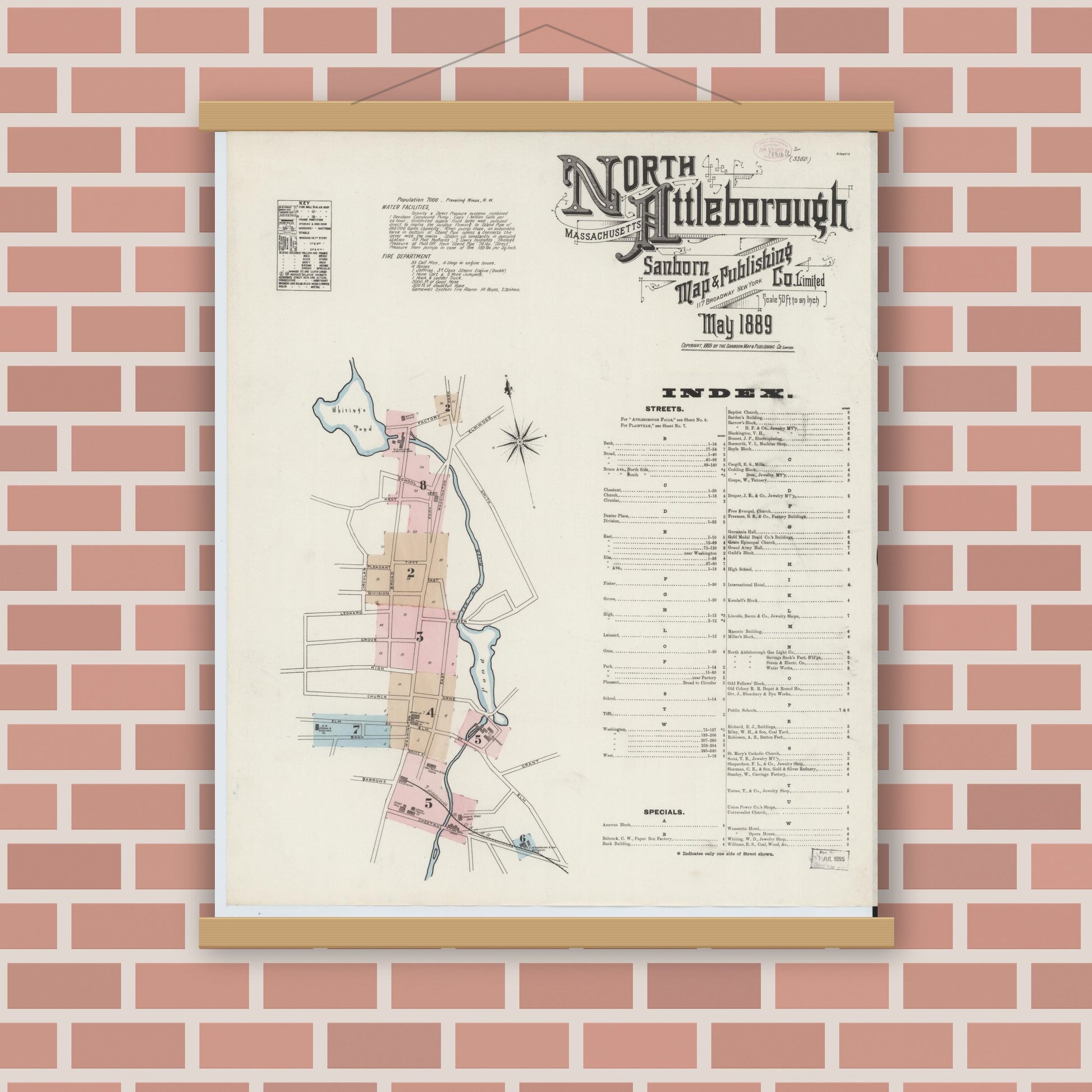 Old map wall art mockup — magnetic wood frame on brick wall — Sanborn Fire Insurance Map from North Attleborough, Bristol County, Massachusetts (1889) - Complete Map Set