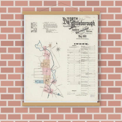 Old map wall art mockup — magnetic wood frame on brick wall — Sanborn Fire Insurance Map from North Attleborough, Bristol County, Massachusetts (1889) - Complete Map Set