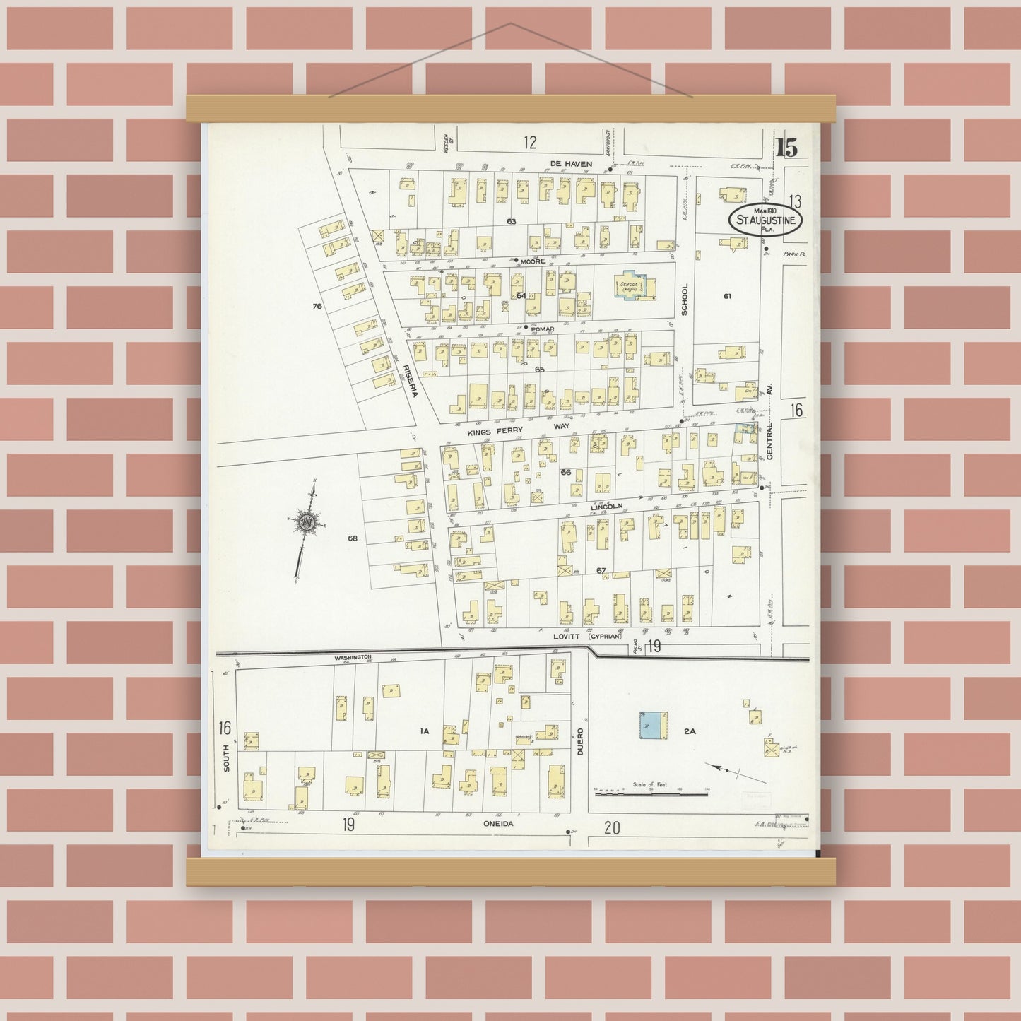 Old map wall art mockup — magnetic wood frame on brick wall — Sanborn Fire Insurance Map from Saint Augustine, Saint John's County, Florida (1910), Sheet #0015