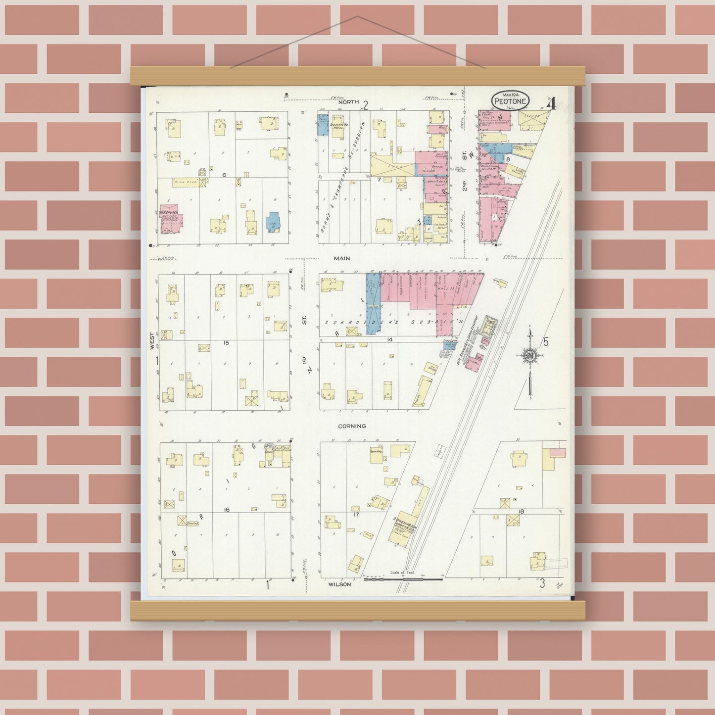Old map wall art mockup — magnetic wood frame on brick wall — Sanborn Fire Insurance Map from Peotone, Will County, Illinois (1914), Sheet #0004