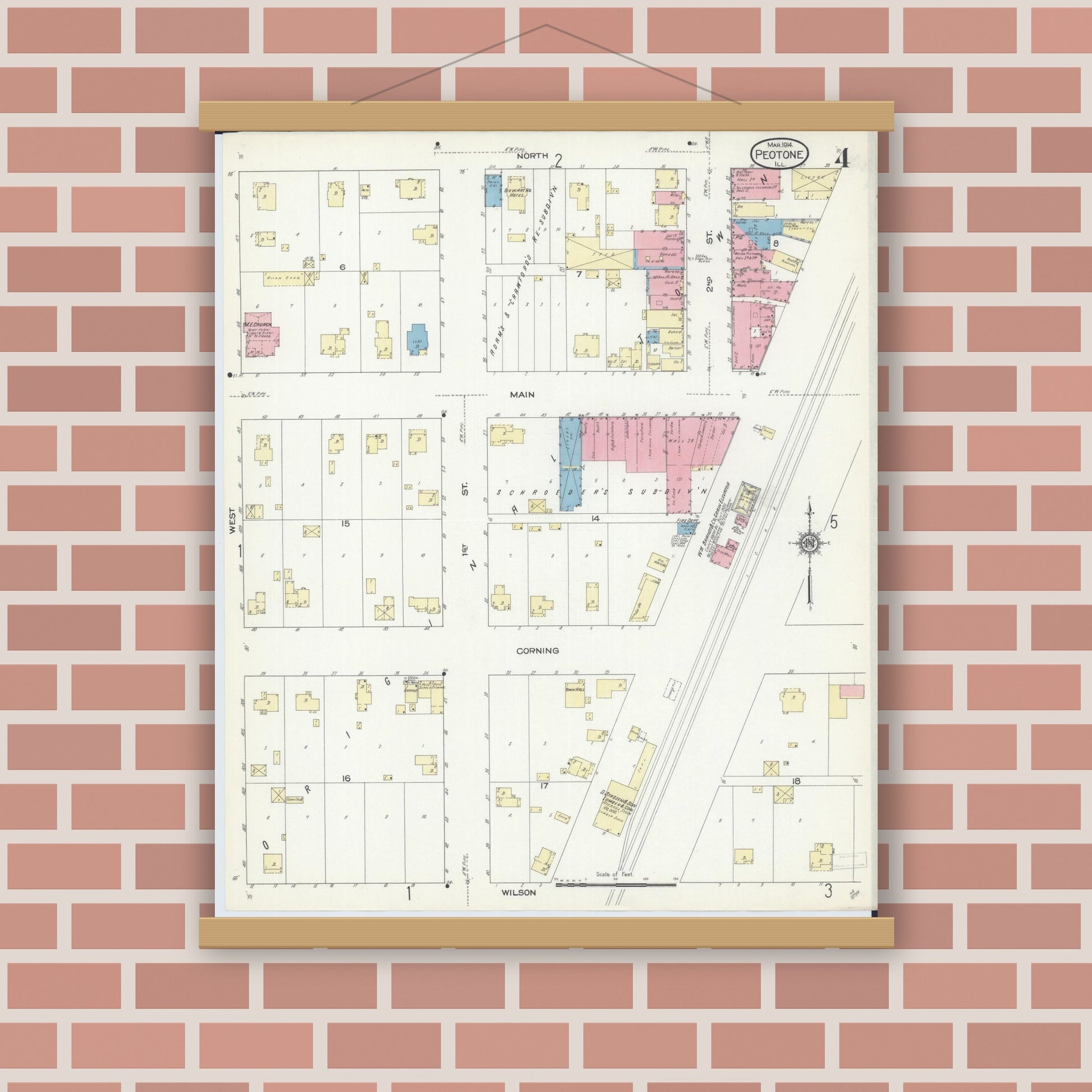 Old map wall art mockup — magnetic wood frame on brick wall — Sanborn Fire Insurance Map from Peotone, Will County, Illinois (1914), Sheet #0004