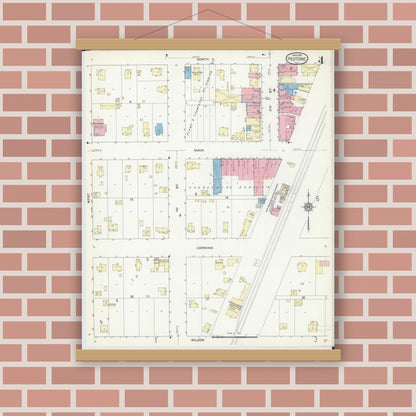 Old map wall art mockup — magnetic wood frame on brick wall — Sanborn Fire Insurance Map from Peotone, Will County, Illinois (1914), Sheet #0004