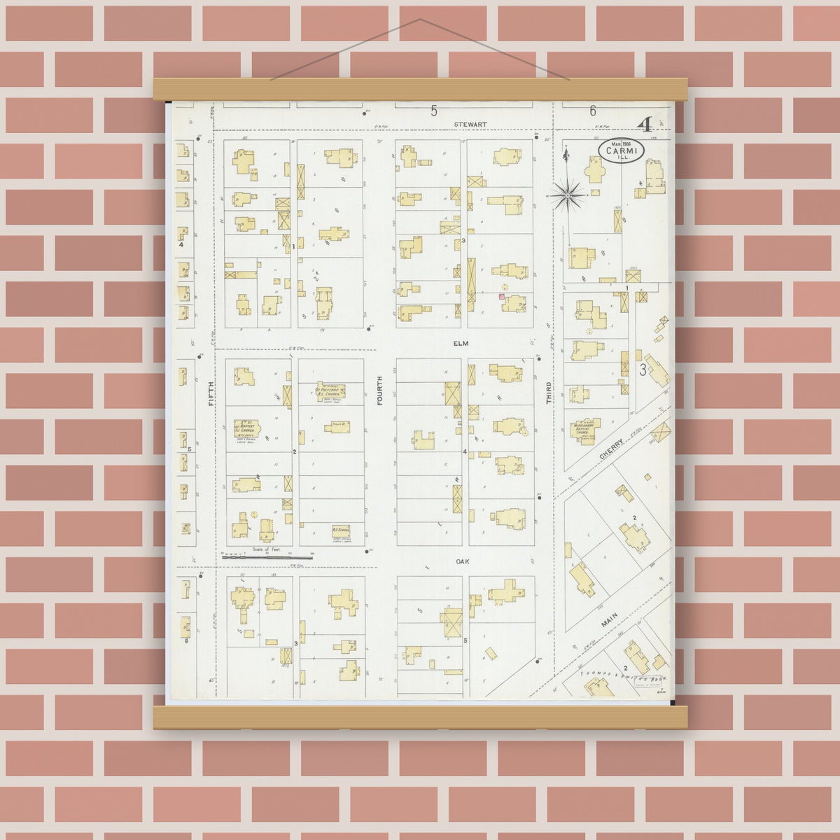 Old map wall art mockup — magnetic wood frame on brick wall — Sanborn Fire Insurance Map from Carmi, White County, Illinois (1906), Sheet #0004