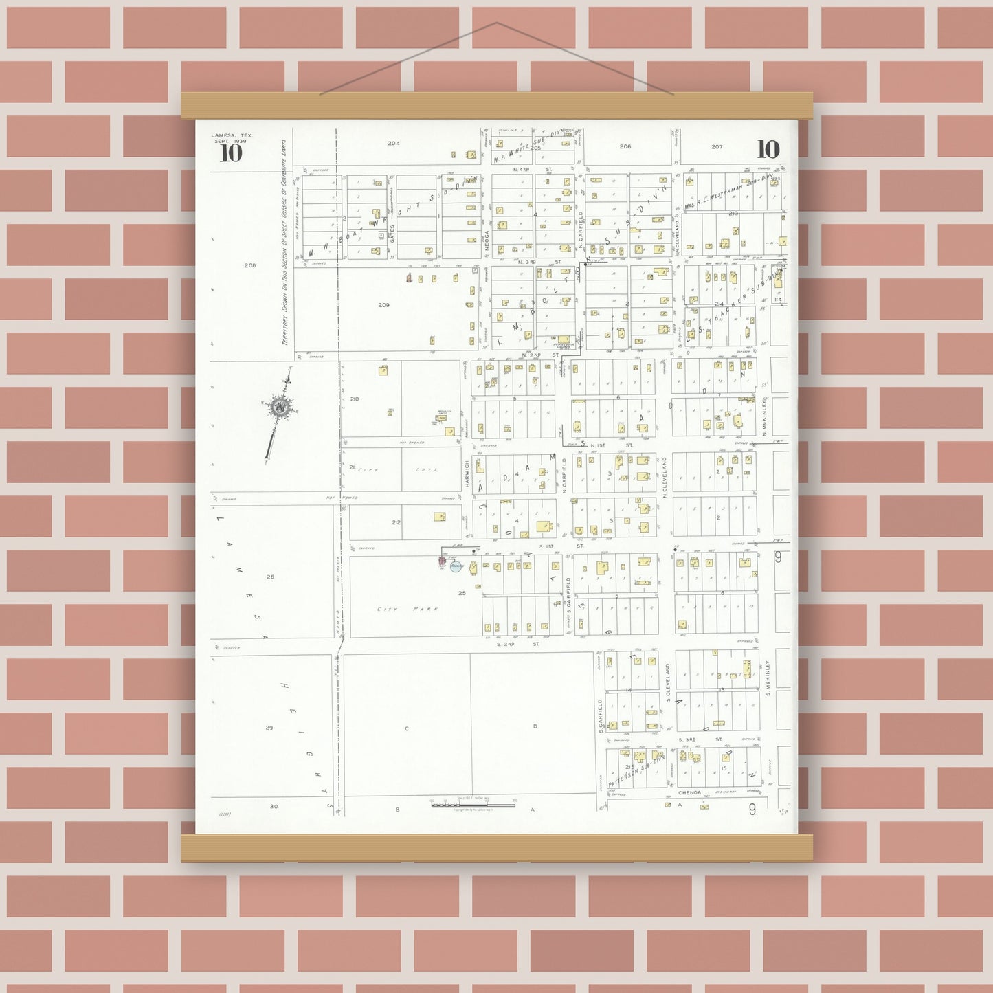 Old map wall art mockup — magnetic wood frame on brick wall — Sanborn Fire Insurance Map from Lamesa, Dawson County, Texas (1939), Sheet #0010