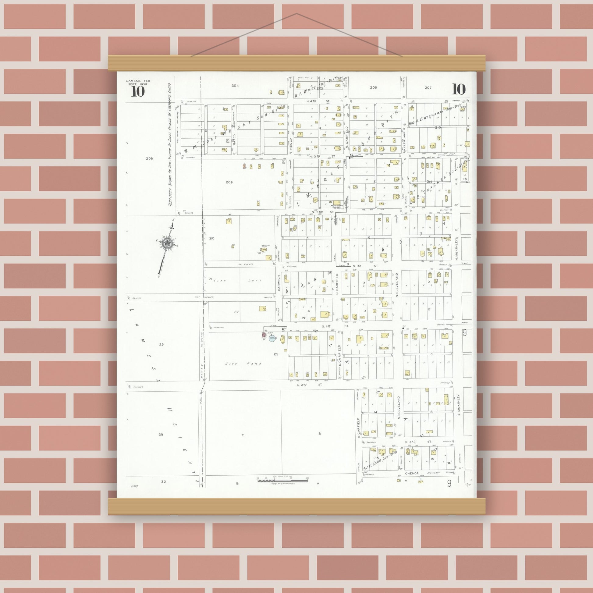 Old map wall art mockup — magnetic wood frame on brick wall — Sanborn Fire Insurance Map from Lamesa, Dawson County, Texas (1939), Sheet #0010