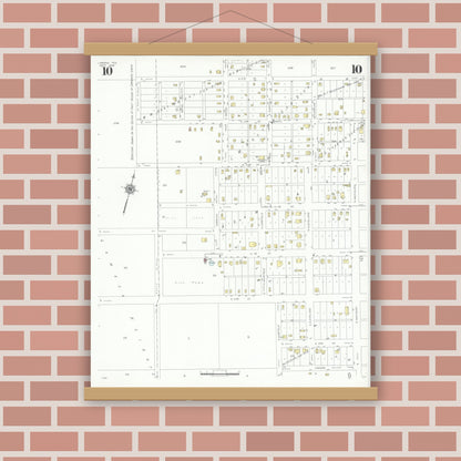 Old map wall art mockup — magnetic wood frame on brick wall — Sanborn Fire Insurance Map from Lamesa, Dawson County, Texas (1939), Sheet #0010